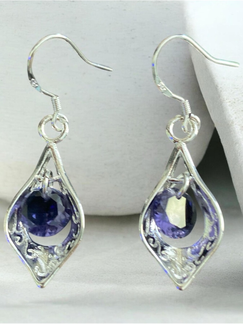 Silver Teardrop Earrings with Purple Zircon Crystal